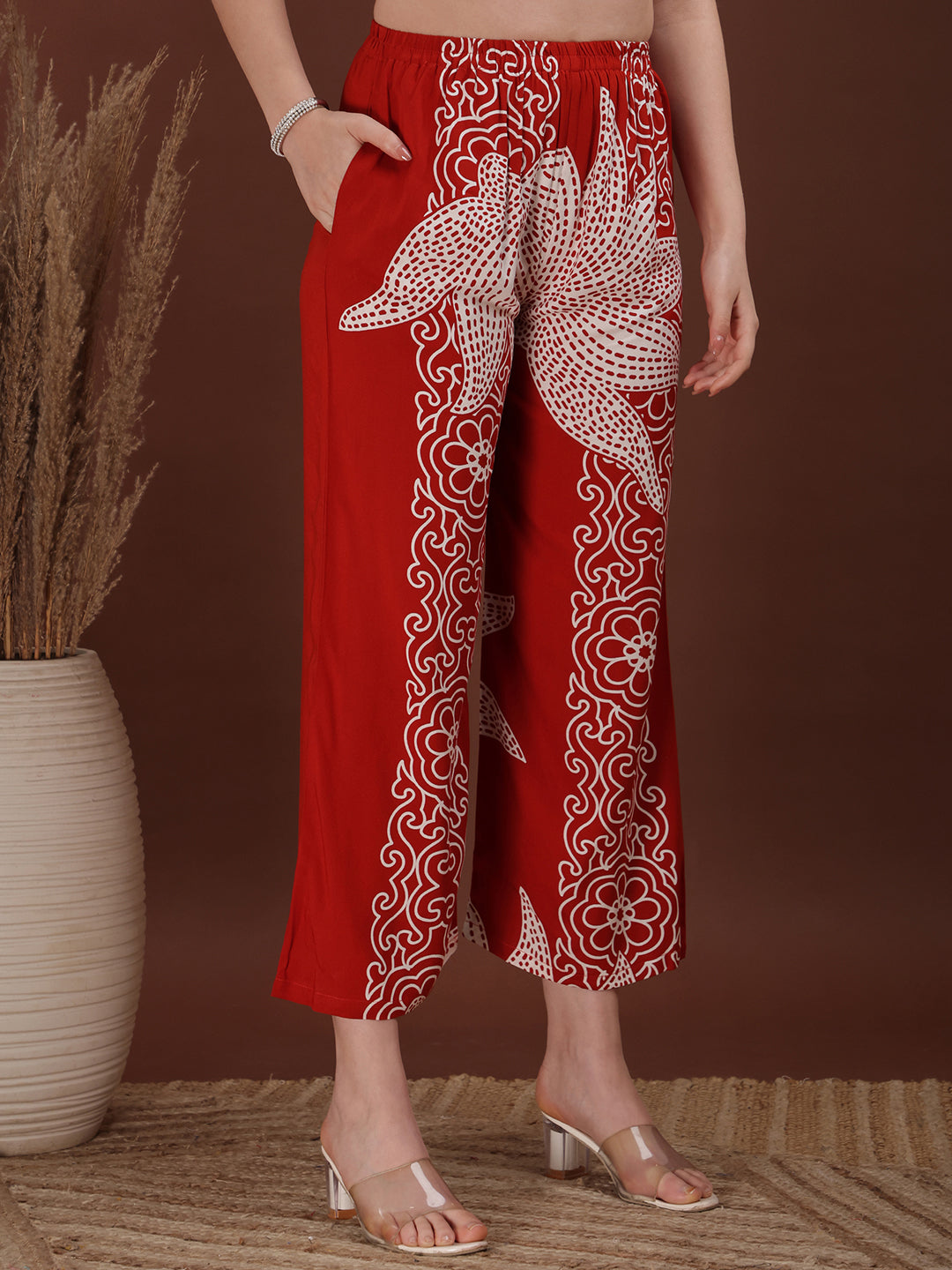 Hand Embroidered With Floral & Leaf Printed Kurta And Palazzo, Rust - Hiral Fashion