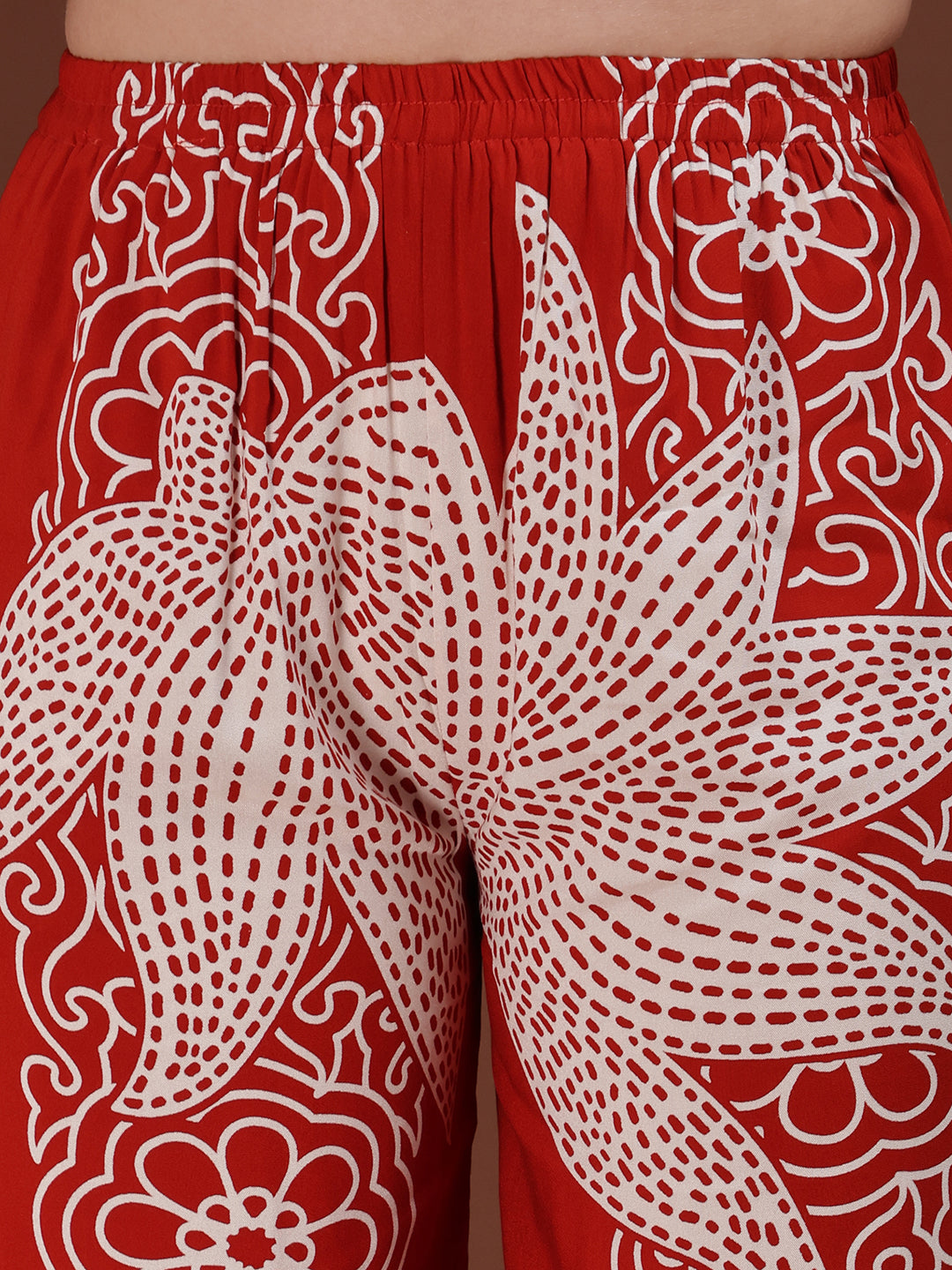 Hand Embroidered With Floral & Leaf Printed Kurta And Palazzo, Rust - Hiral Fashion