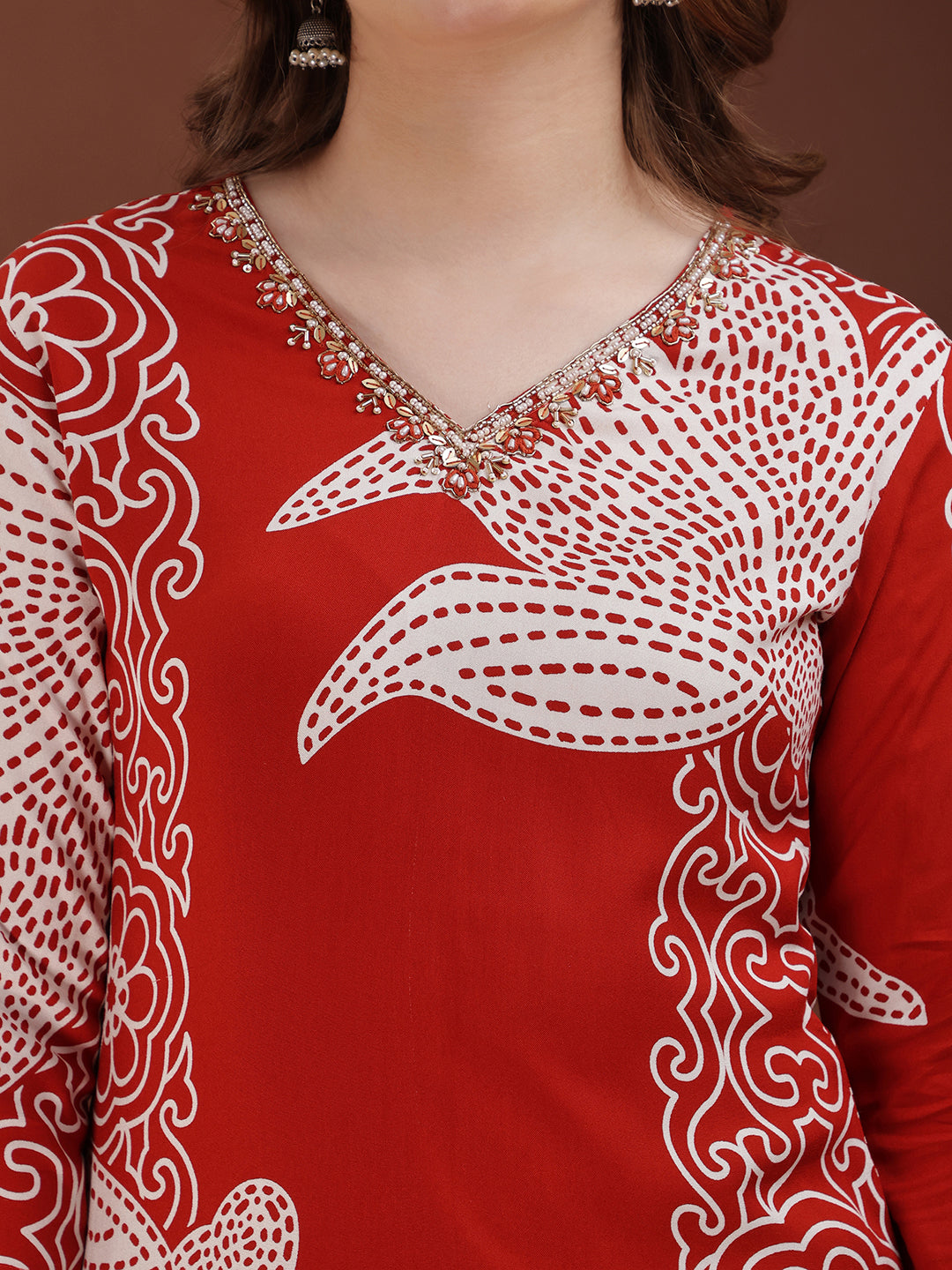 Hand Embroidered With Floral & Leaf Printed Kurta And Palazzo, Rust - Hiral Fashion