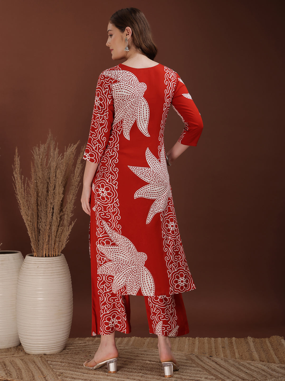 Hand Embroidered With Floral & Leaf Printed Kurta And Palazzo, Rust - Hiral Fashion