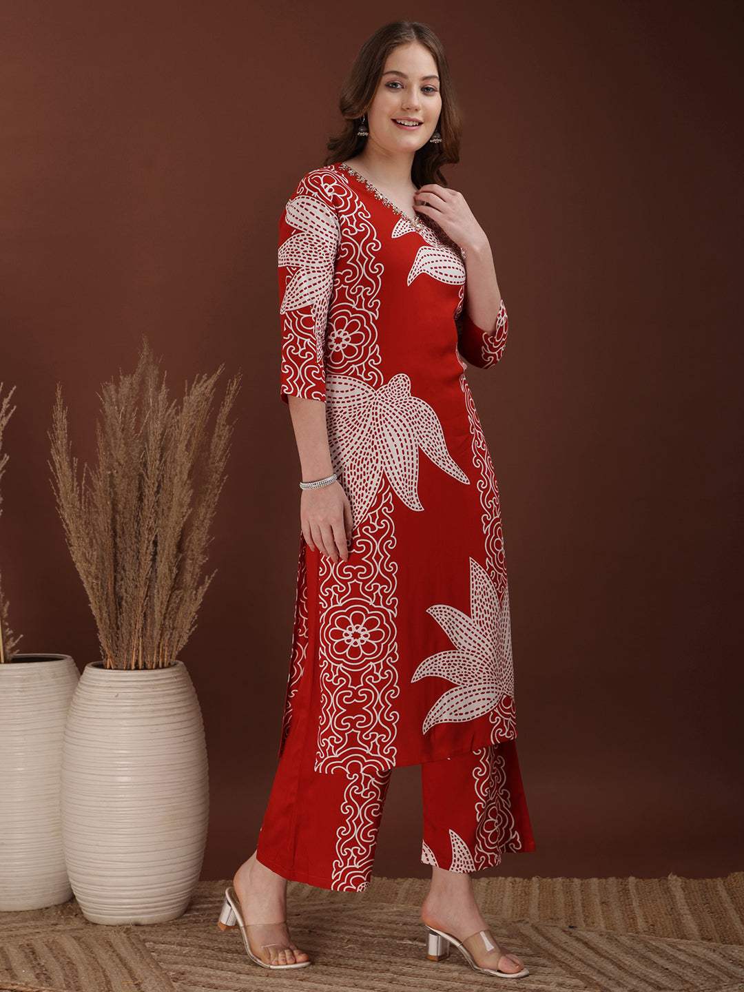 Hand Embroidered With Floral & Leaf Printed Kurta And Palazzo, Rust - Hiral Fashion