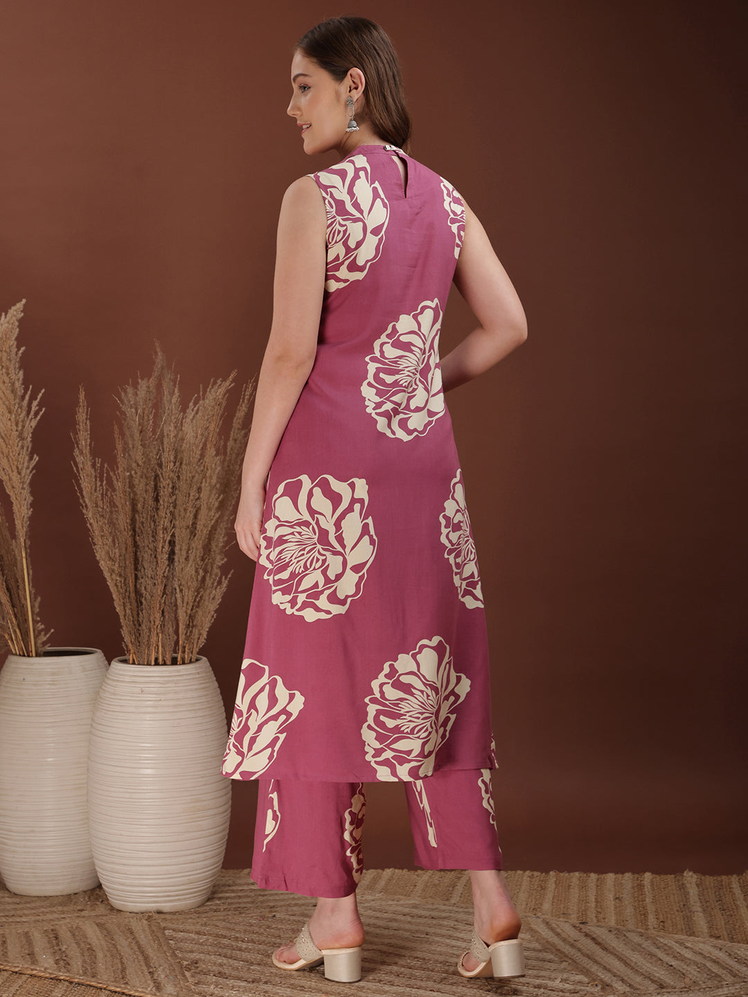Floral Printed Highneck Co-Ords, Pink - Hiral Fashion