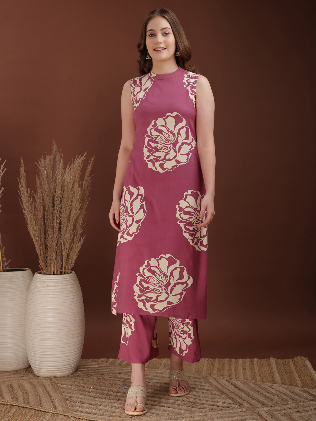 Floral Printed Highneck Co-Ords, Pink - Hiral Fashion