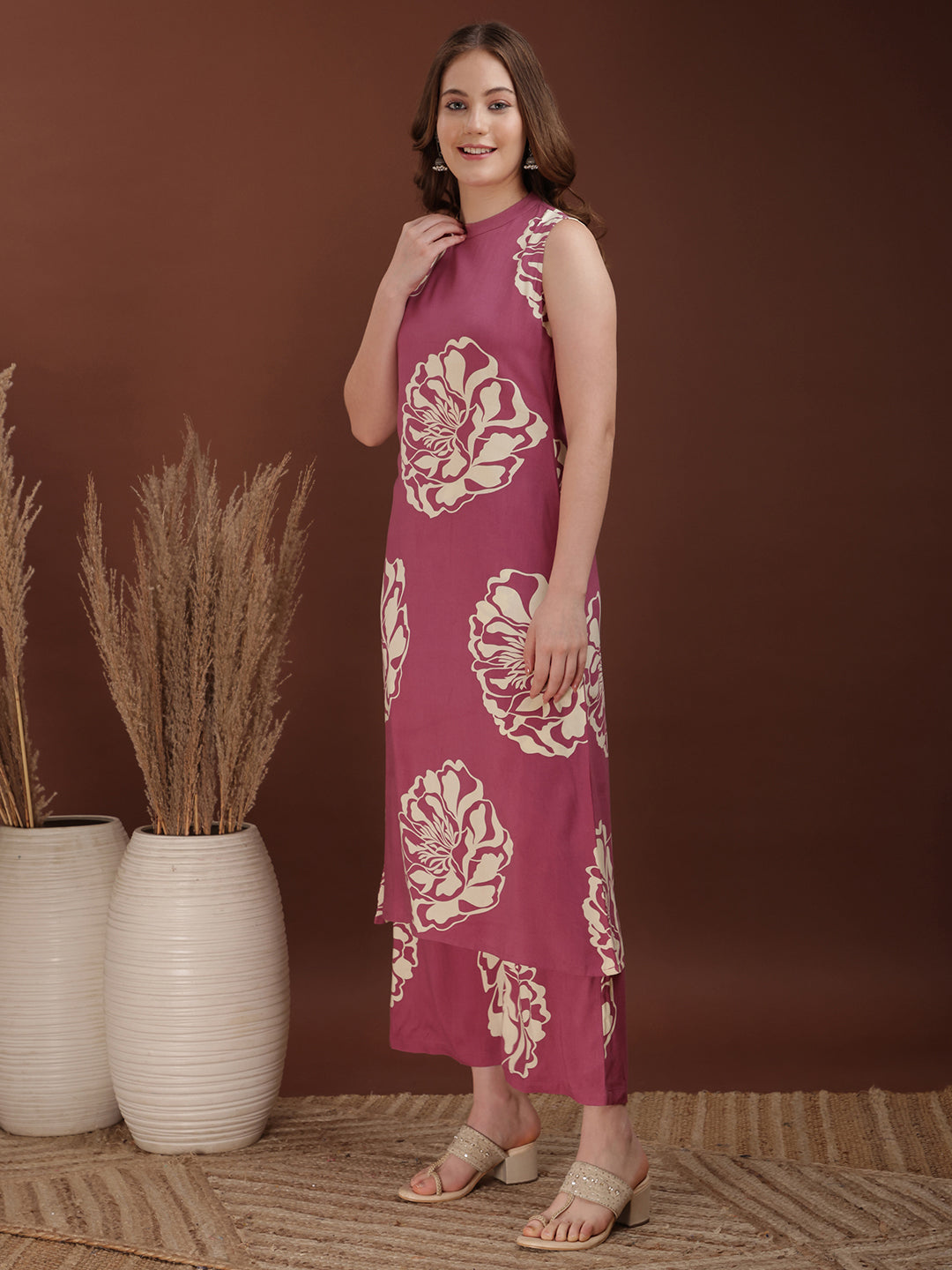 Floral Printed Highneck Co-Ords, Pink - Hiral Fashion