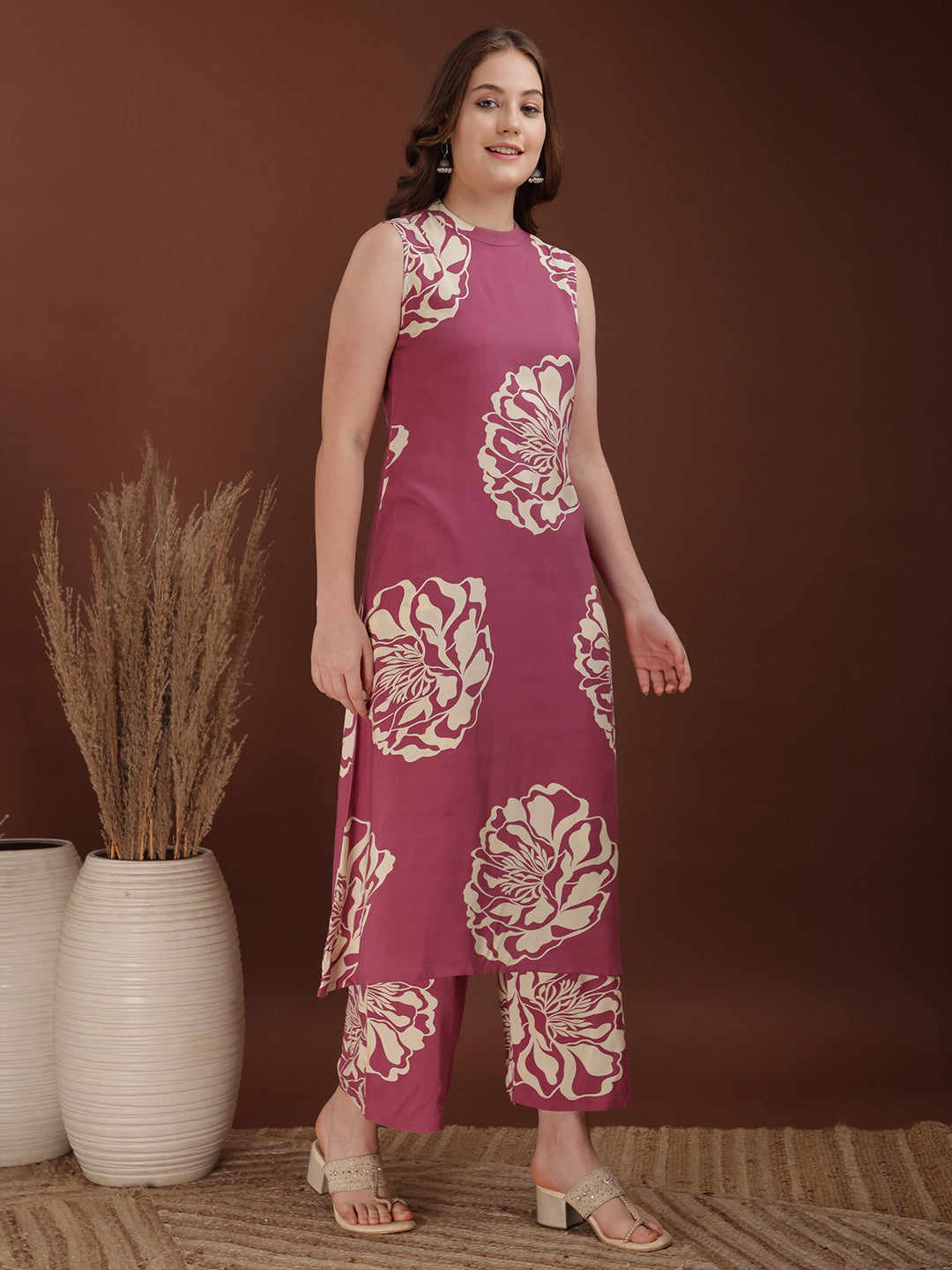 Floral Printed Highneck Co-Ords, Pink - Hiral Fashion