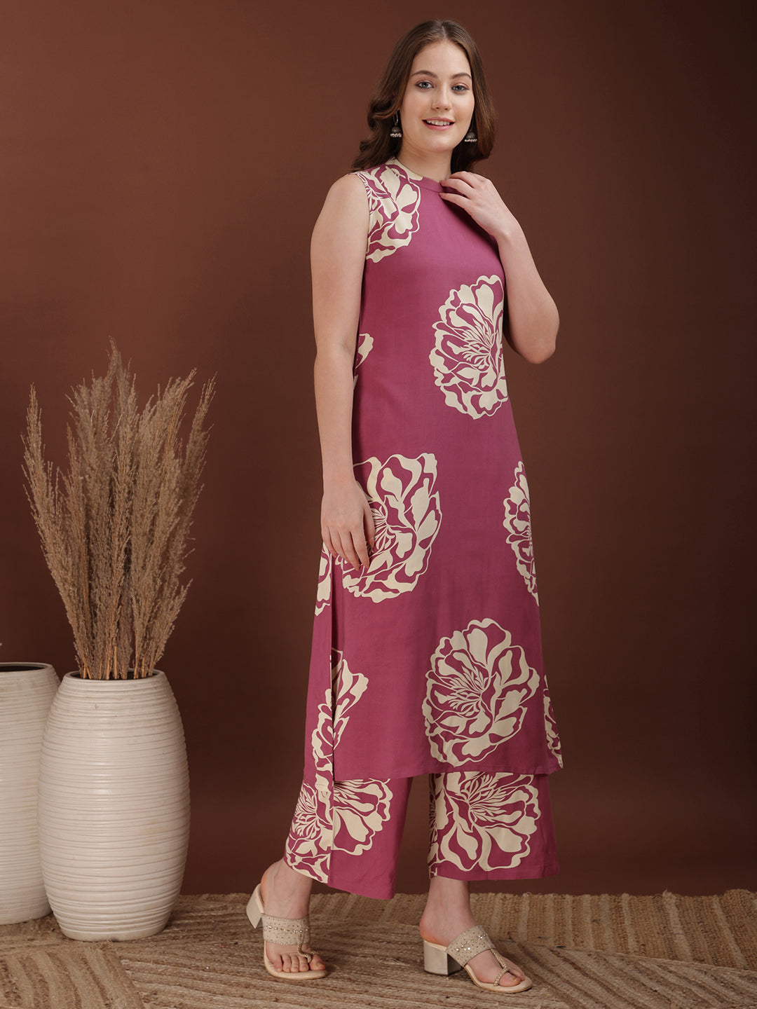 Floral Printed Highneck Co-Ords, Pink - Hiral Fashion