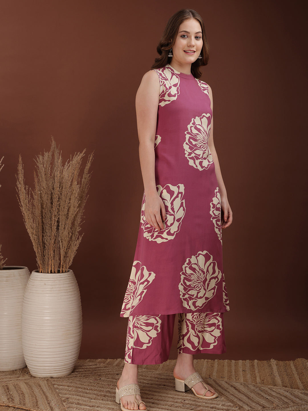 Floral Printed Highneck Co-Ords, Pink - Hiral Fashion