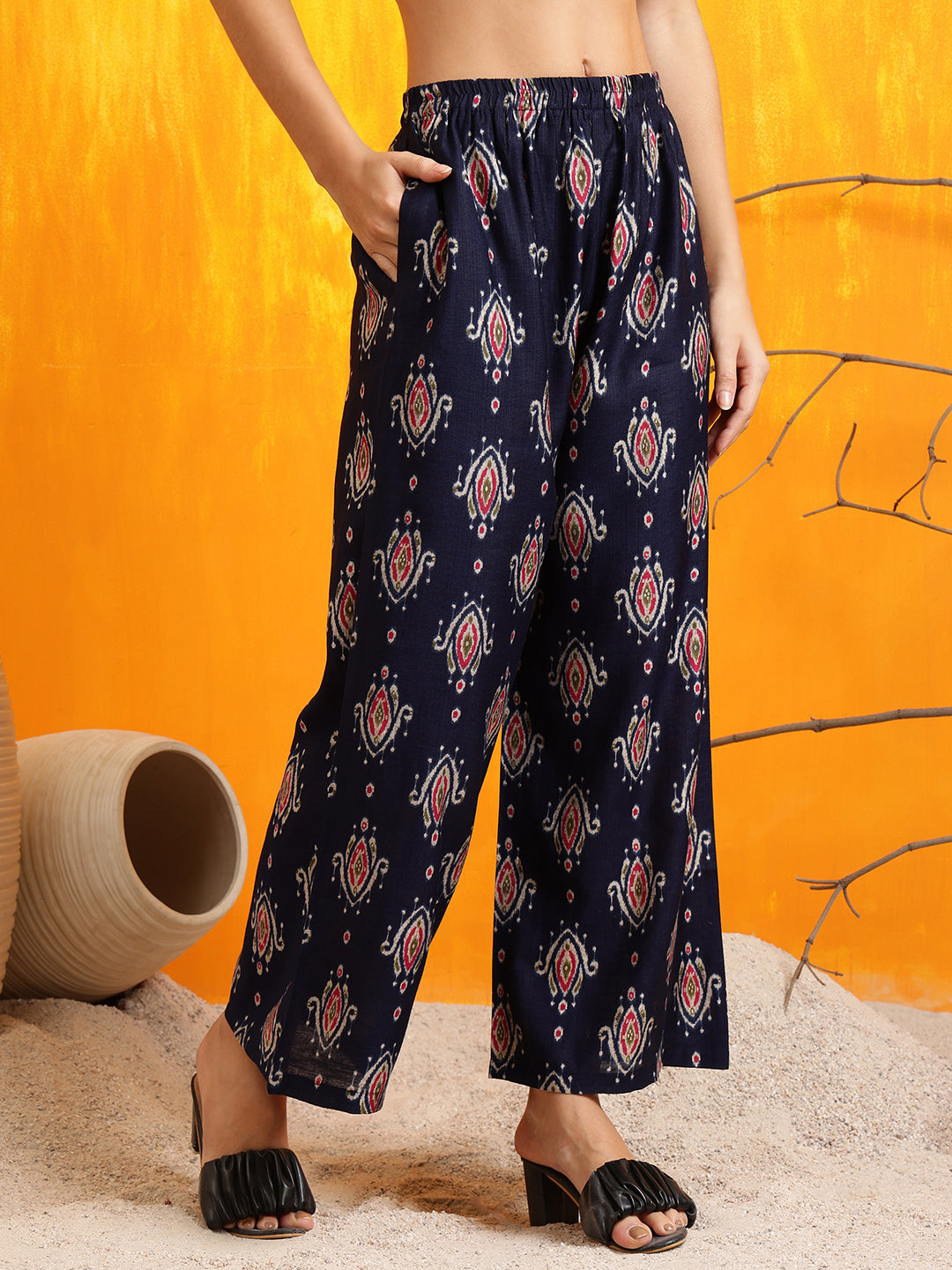 Ethnic Motifs Printed Kurta With Palazzo, Navy Blue - Hiral Fashion