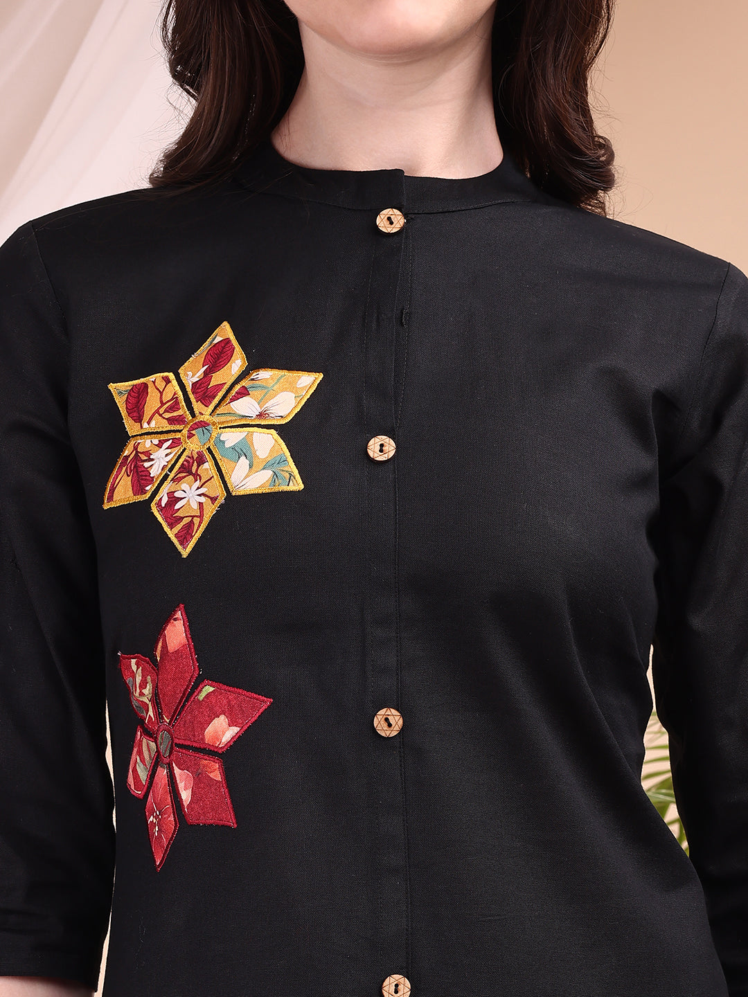 Placement Floral Front Buttoned Kurta With Pant, Black - Hiral Fashion