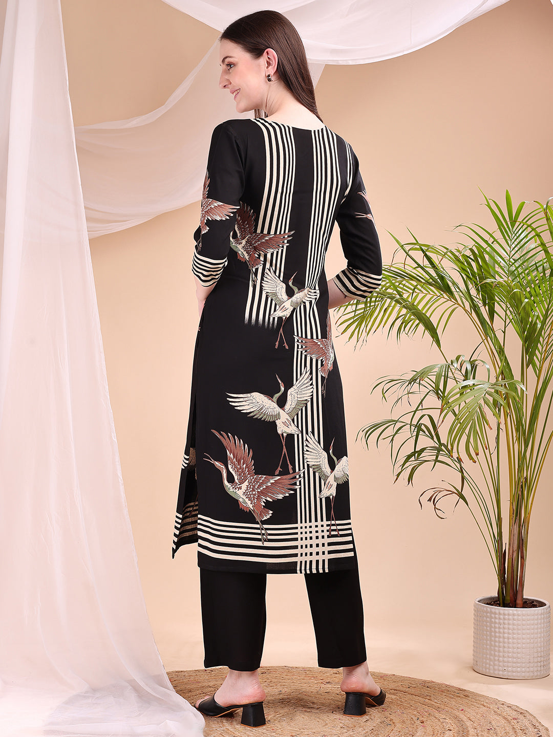 Striped Printed Kurta With Pant, Black - Hiral Fashion