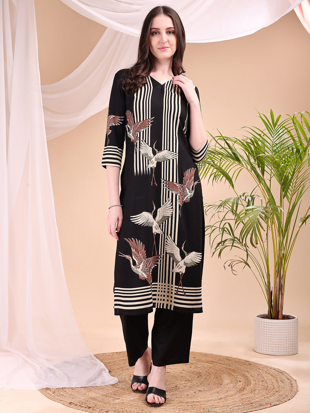 Striped Printed Kurta With Pant, Black - Hiral Fashion