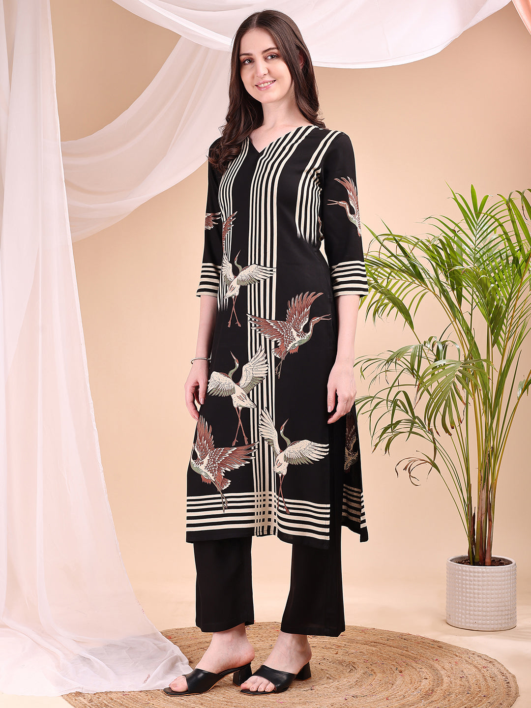 Striped Printed Kurta With Pant, Black - Hiral Fashion