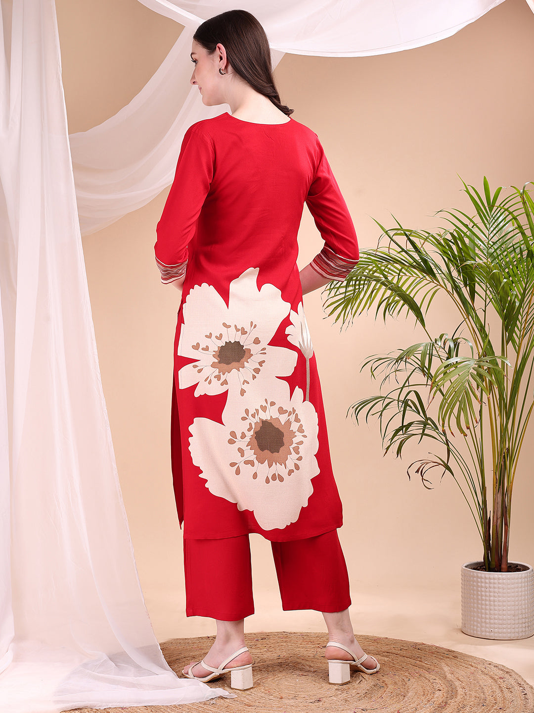 Floral Printed Kurta With Pant, Red - Hiral Fashion