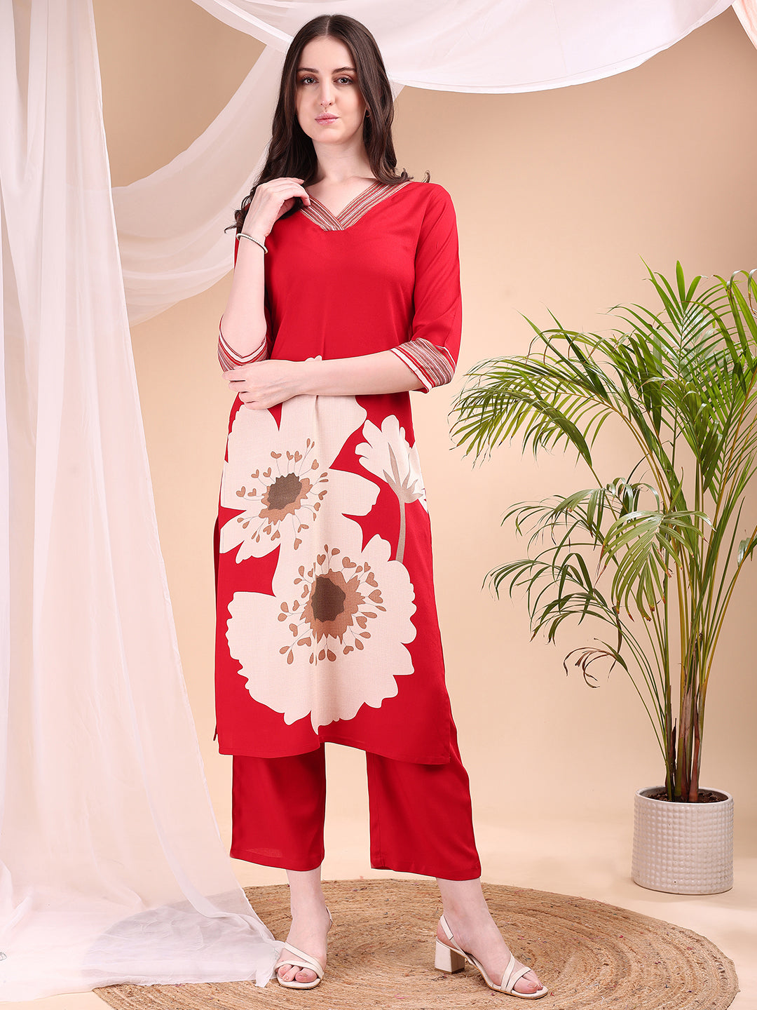 Floral Printed Kurta With Pant, Red - Hiral Fashion