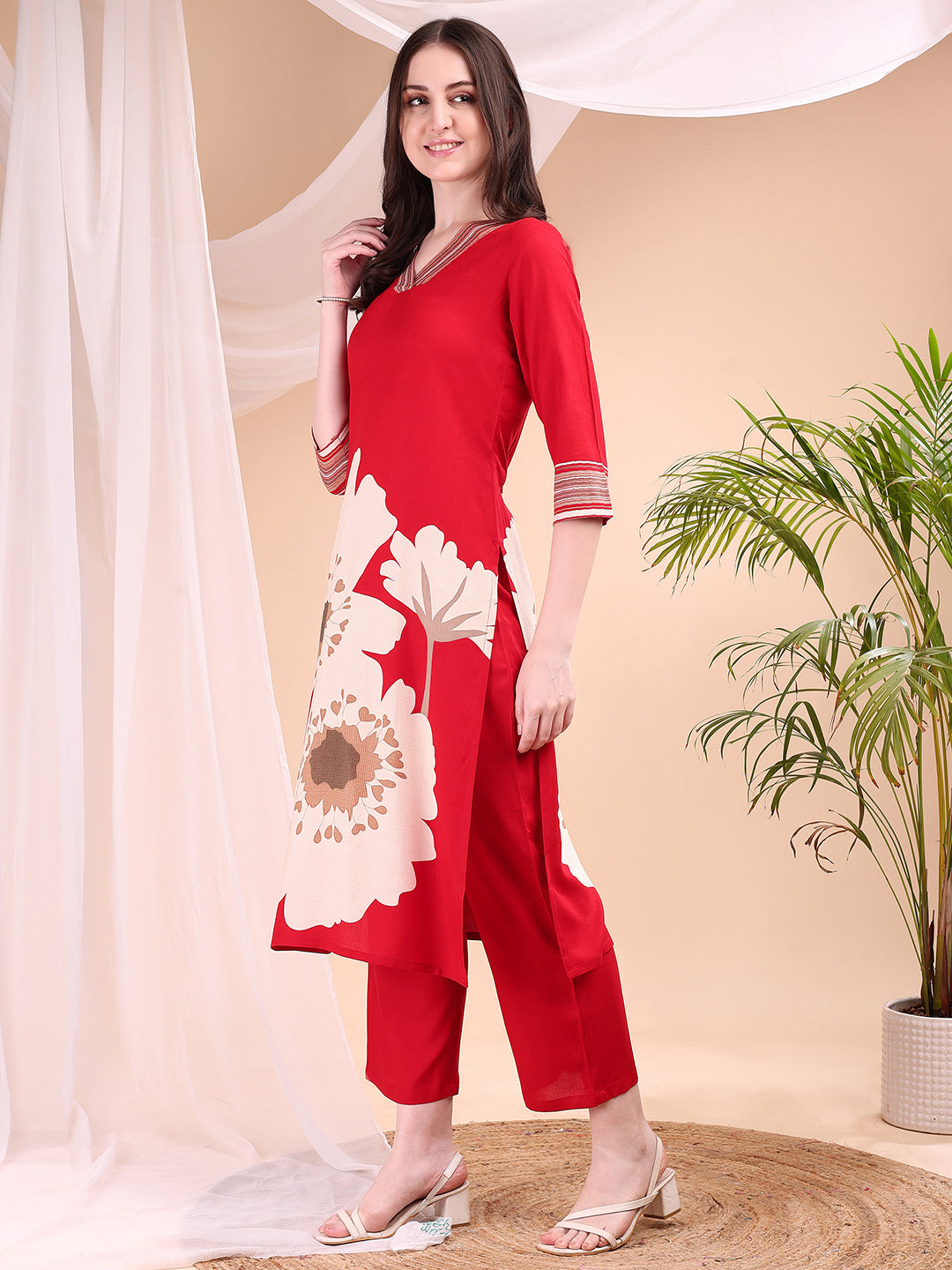 Floral Printed Kurta With Pant, Red - Hiral Fashion