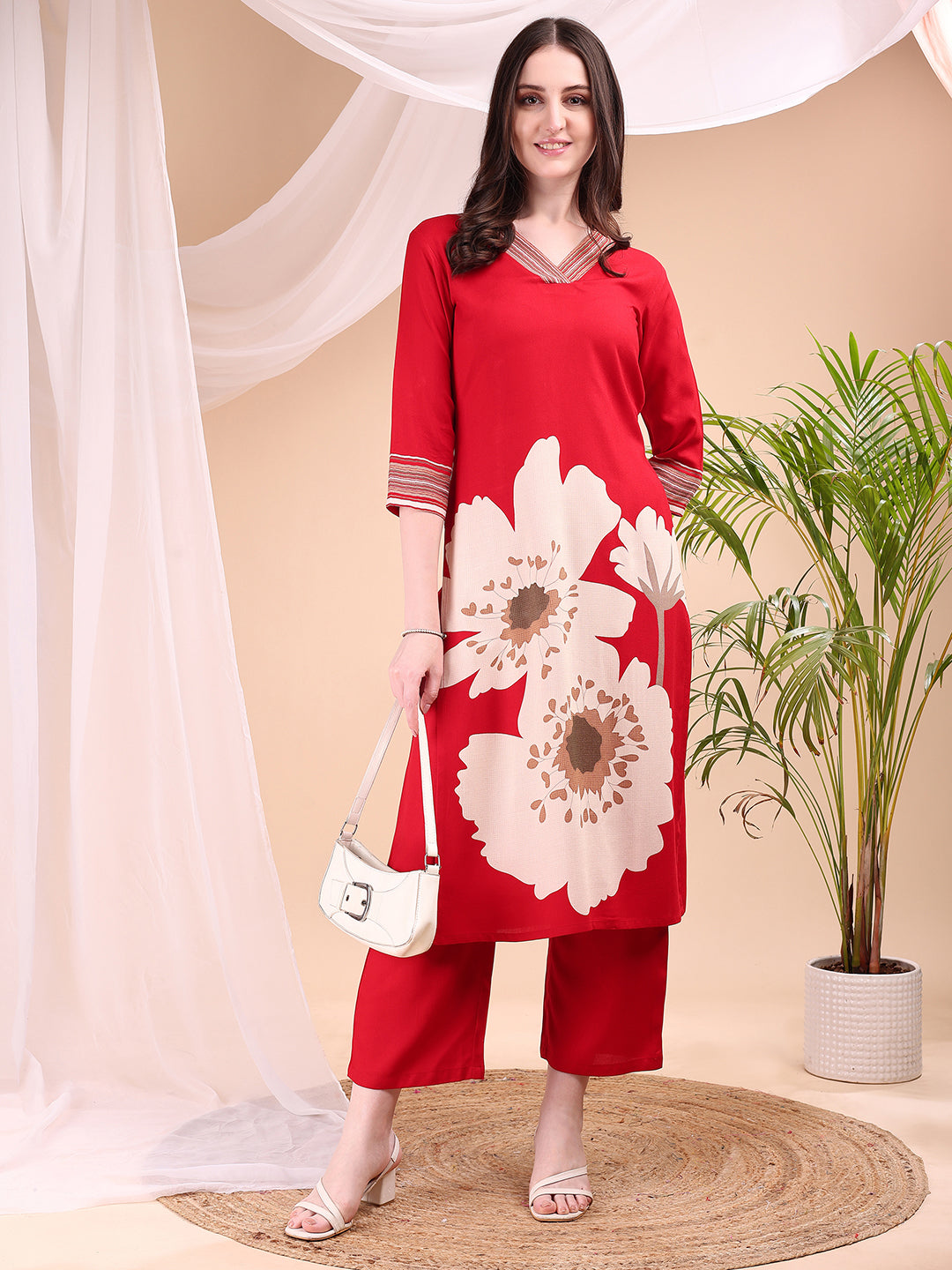 Floral Printed Kurta With Pant, Red - Hiral Fashion