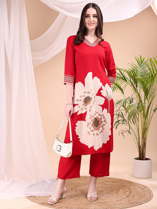 Floral Printed Kurta With Pant, Red - Hiral Fashion