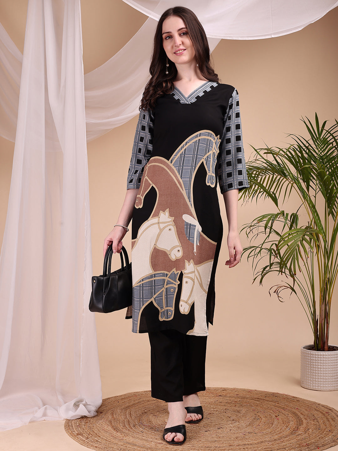 Printed Kurta With Pant, Black - Hiral Fashion