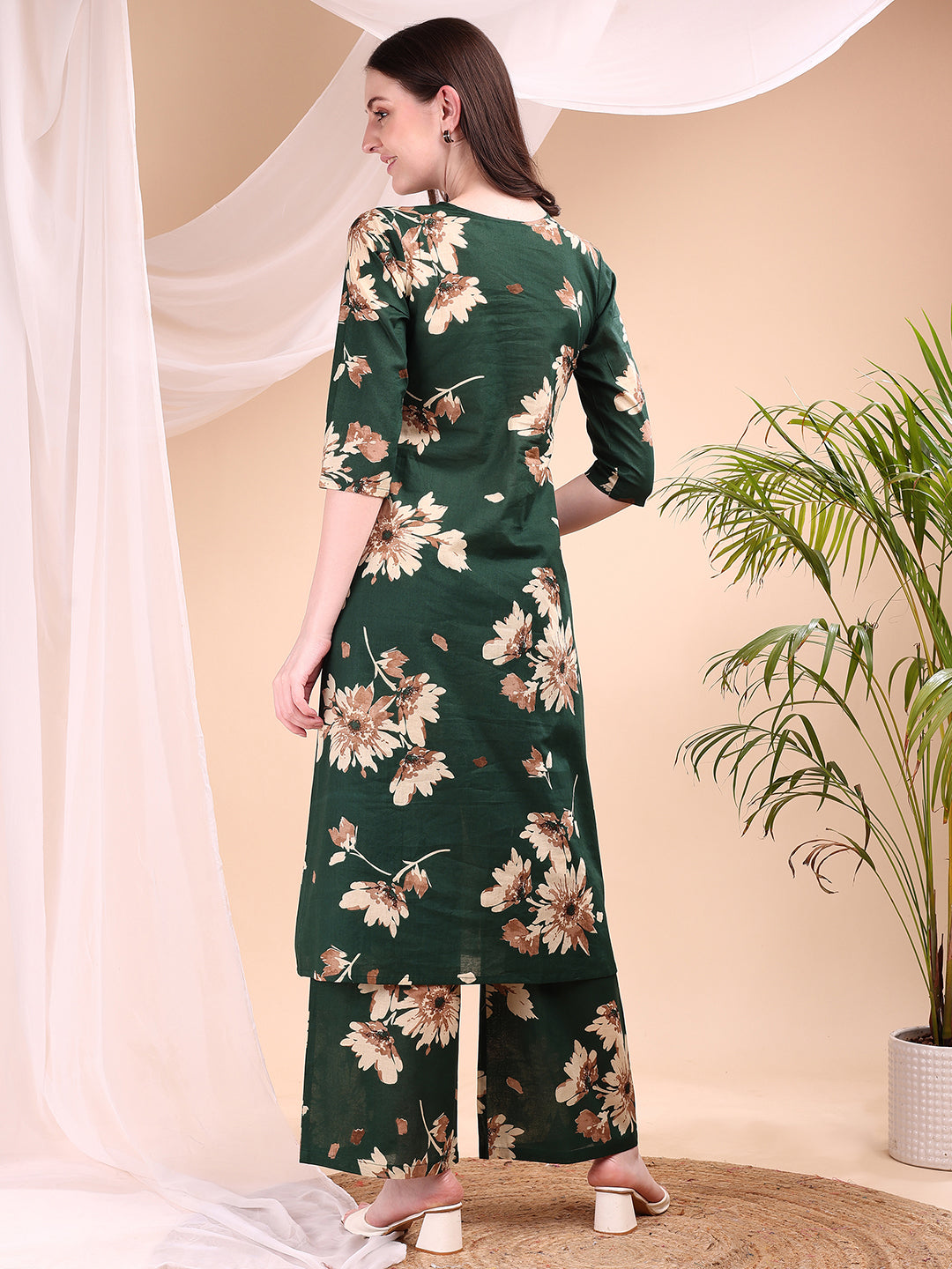 Embroidered & Printed Kurta With Palazzo, Green - Hiral Fashion