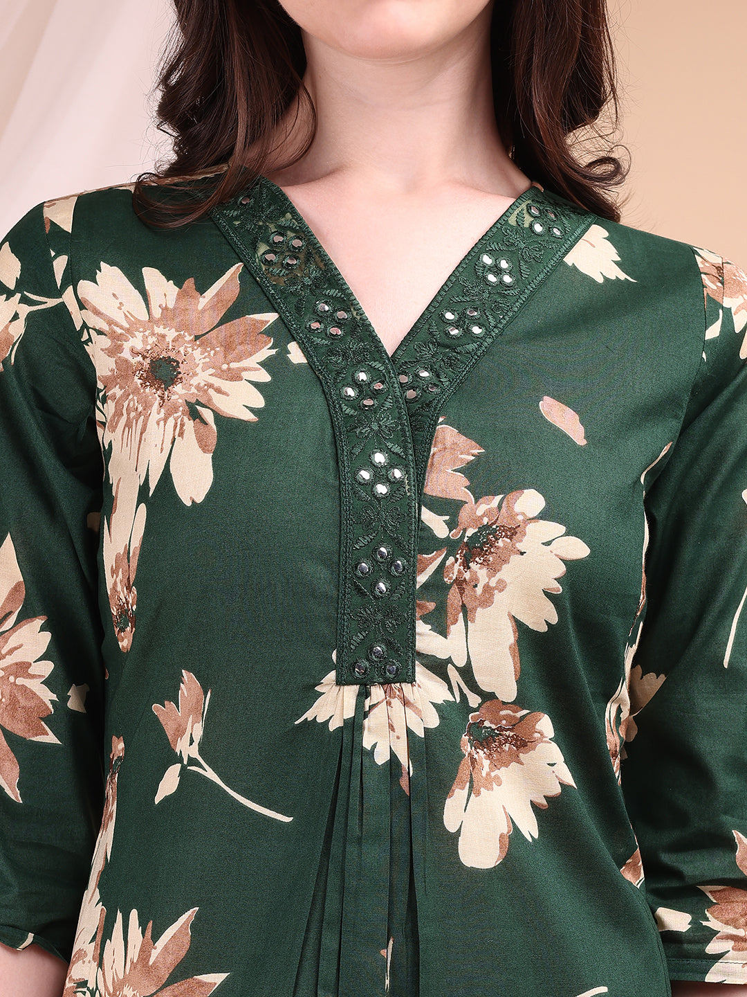 Embroidered & Printed Kurta With Palazzo, Green - Hiral Fashion