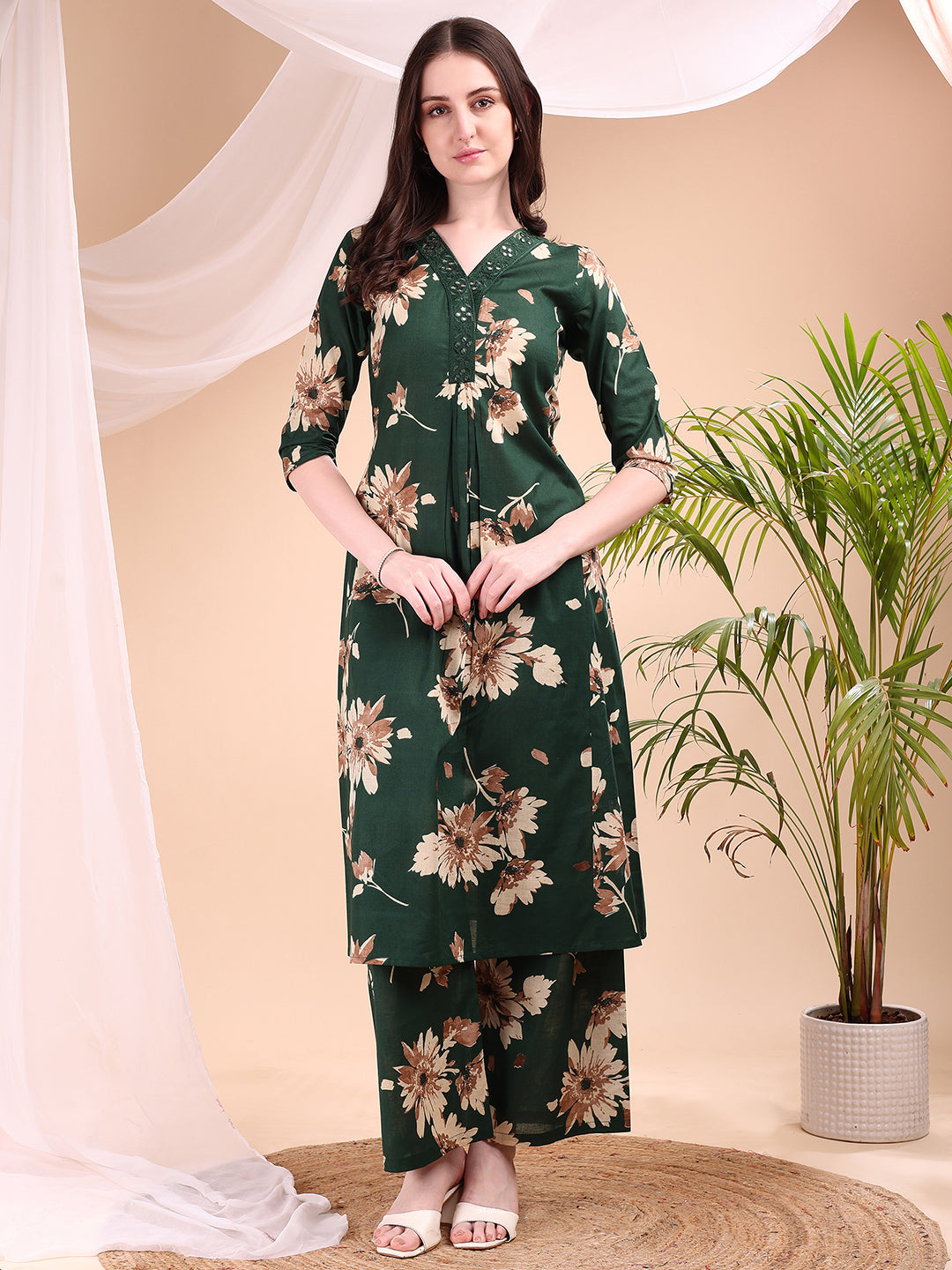 Embroidered & Printed Kurta With Palazzo, Green - Hiral Fashion