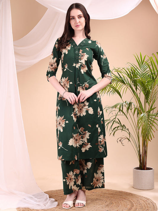 Embroidered & Printed Kurta With Palazzo, Green - Hiral Fashion