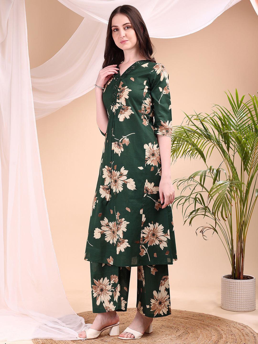 Embroidered & Printed Kurta With Palazzo, Green - Hiral Fashion