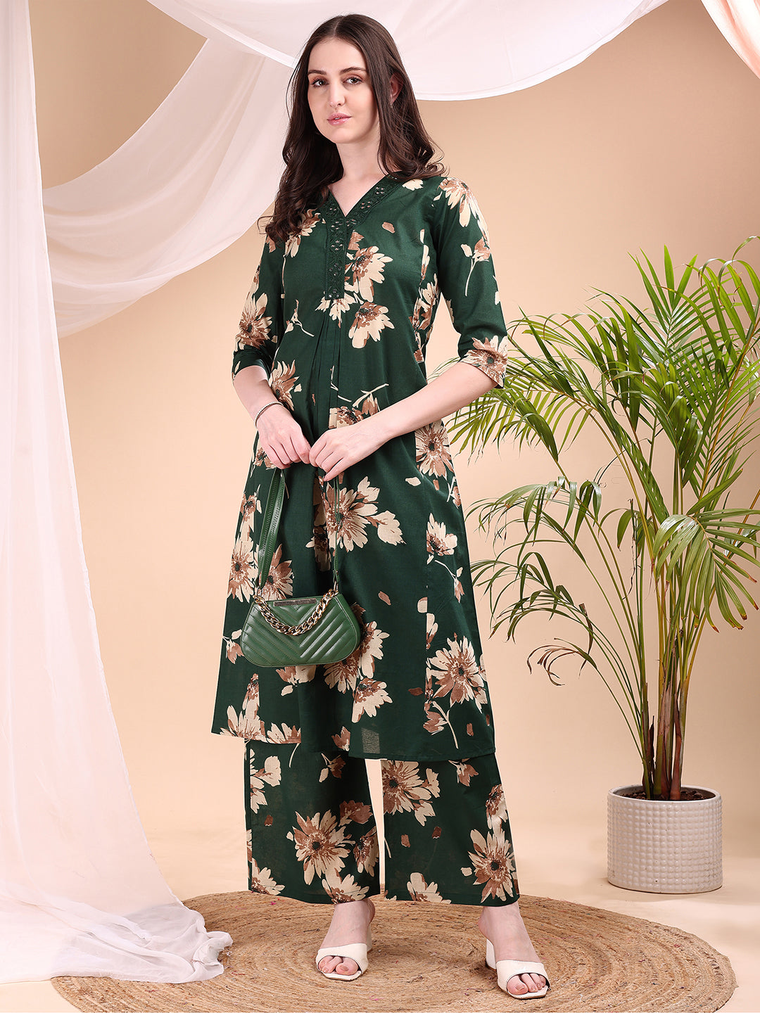 Embroidered & Printed Kurta With Palazzo, Green - Hiral Fashion