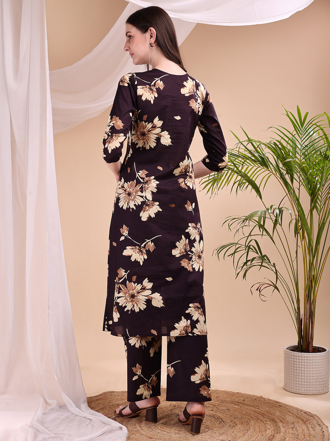 Embroidered & Printed Kurta With Palazzo, Wine - Hiral Fashion