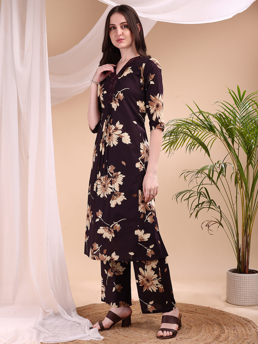 Embroidered & Printed Kurta With Palazzo, Wine - Hiral Fashion