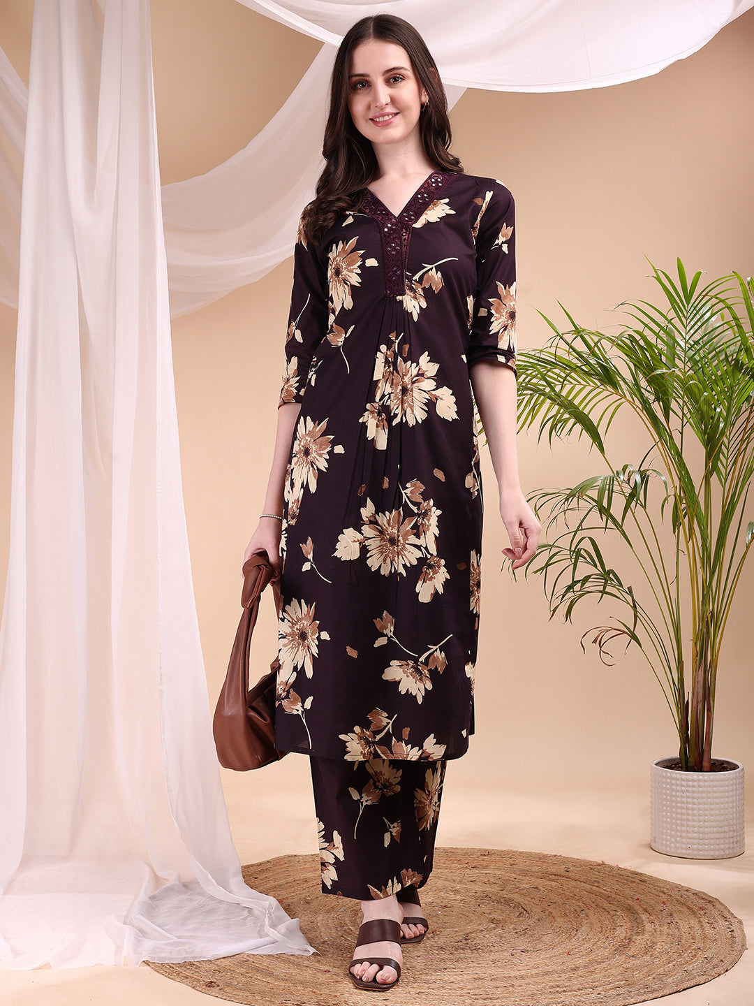 Embroidered & Printed Kurta With Palazzo, Wine - Hiral Fashion