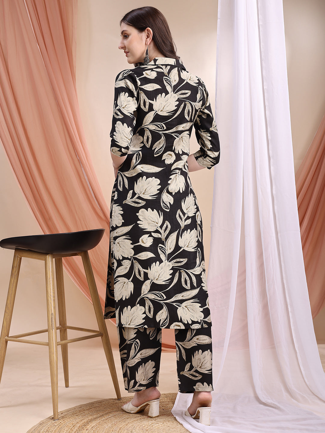Printed Coordinated Kurta And Palazzo Set, Black - Hiral Fashion