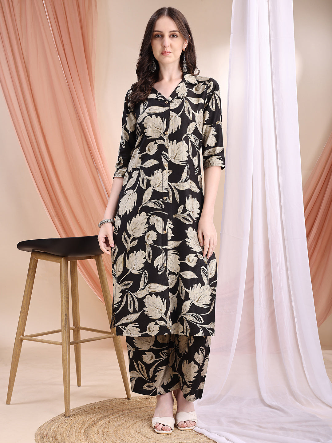 Printed Coordinated Kurta And Palazzo Set, Black - Hiral Fashion