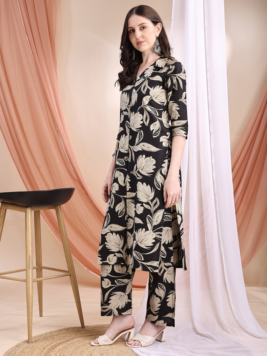 Printed Coordinated Kurta And Palazzo Set, Black - Hiral Fashion