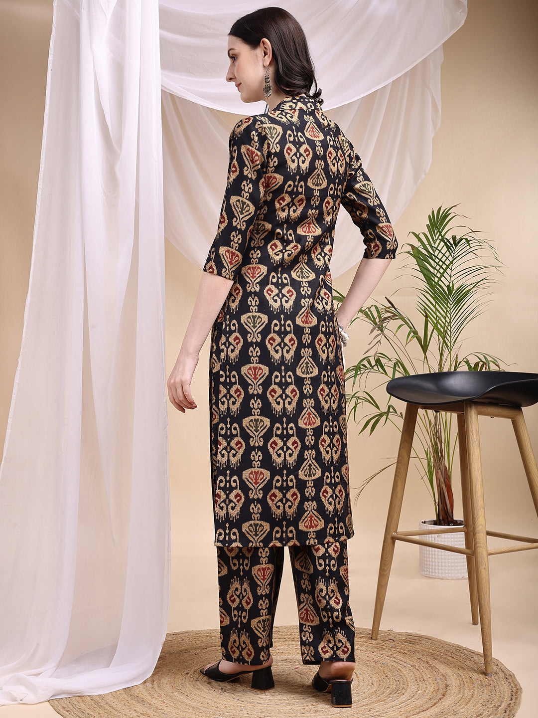 Ikat Printed Kurta With Palazzo Set, Black - Hiral Fashion