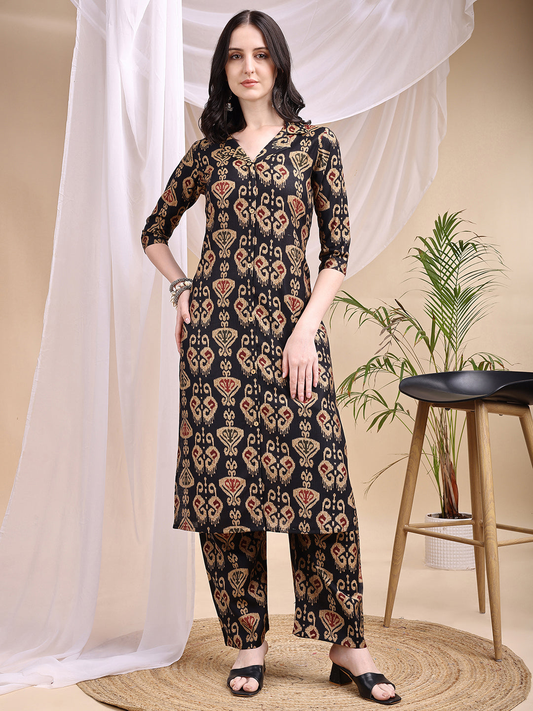 Ikat Printed Kurta With Palazzo Set, Black - Hiral Fashion