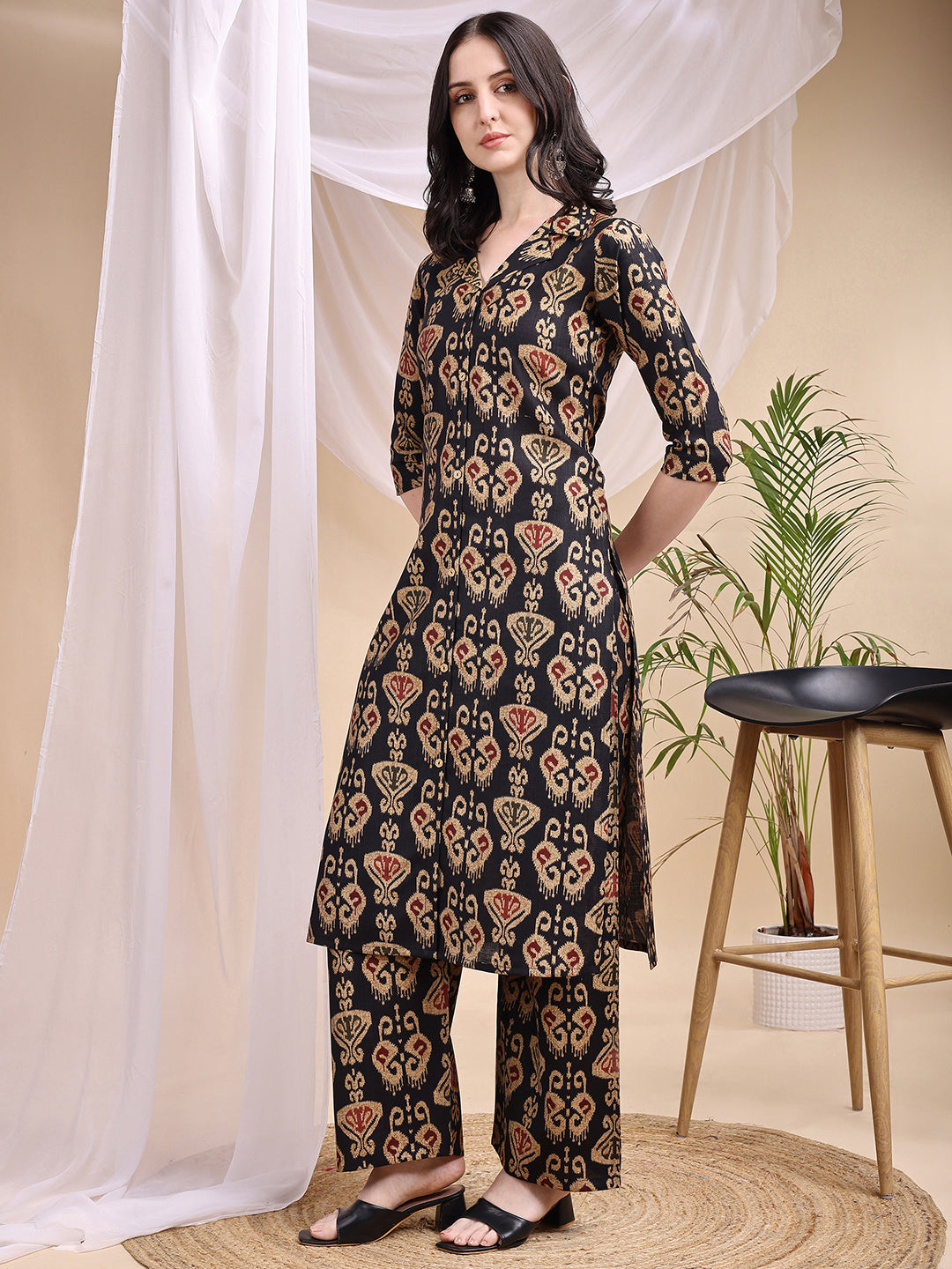 Ikat Printed Kurta With Palazzo Set, Black - Hiral Fashion