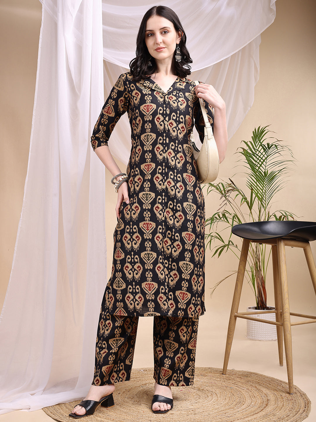 Ikat Printed Kurta With Palazzo Set, Black - Hiral Fashion