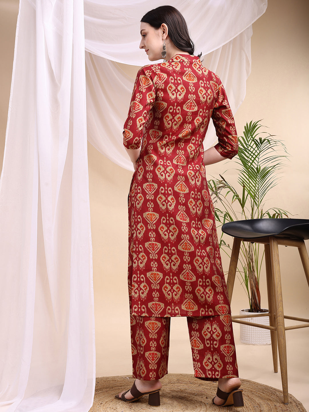 Ikat Printed Kurta With Palazzo Set, Maroon - Hiral Fashion