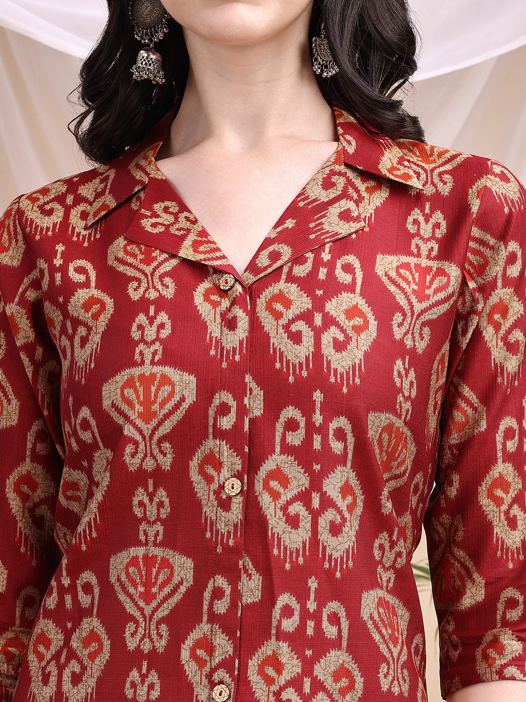 Ikat Printed Kurta With Palazzo Set, Maroon - Hiral Fashion