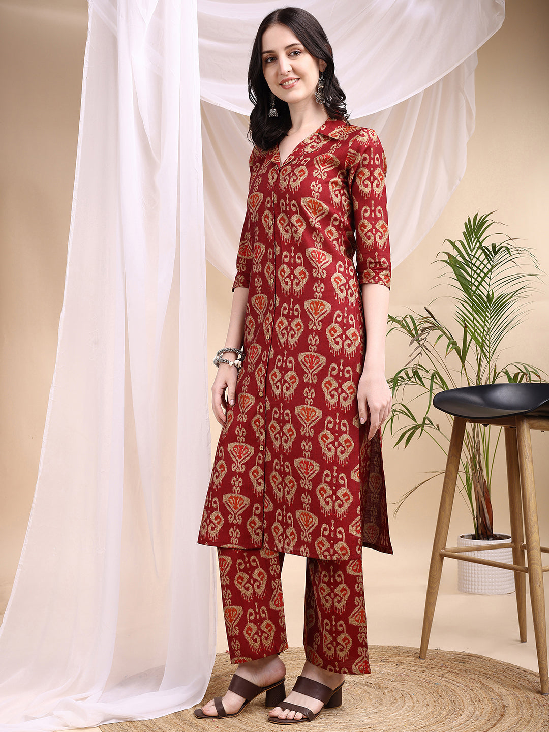 Ikat Printed Kurta With Palazzo Set, Maroon - Hiral Fashion