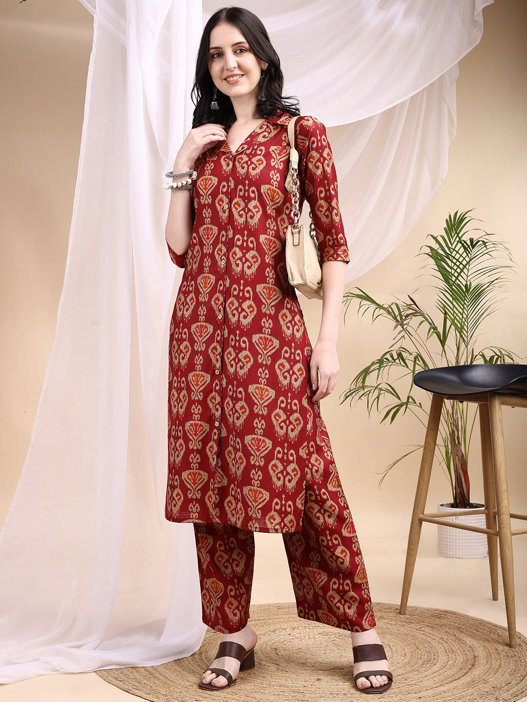 Ikat Printed Kurta With Palazzo Set, Maroon - Hiral Fashion
