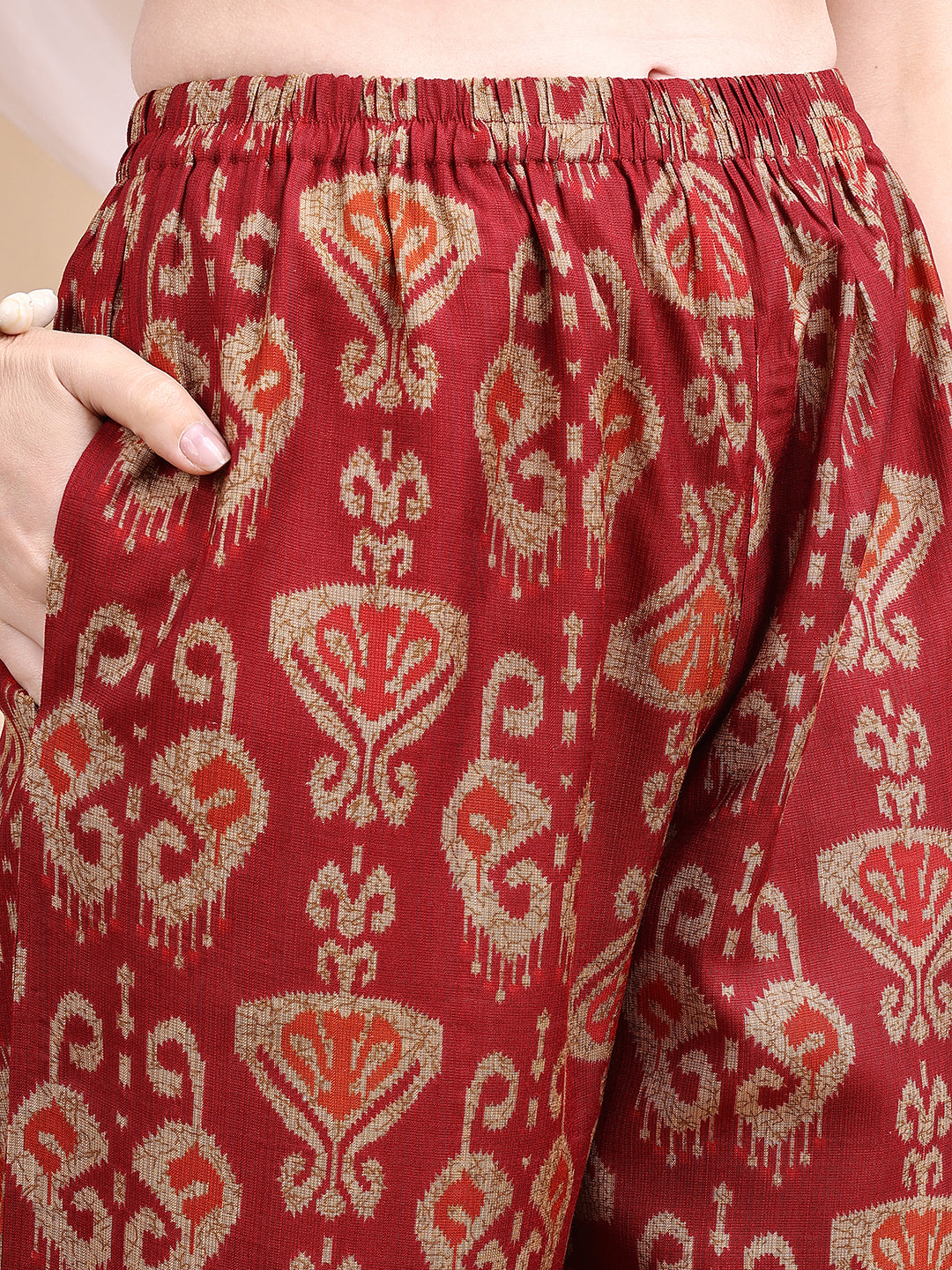 Ikat Printed Kurta With Palazzo Set, Maroon - Hiral Fashion