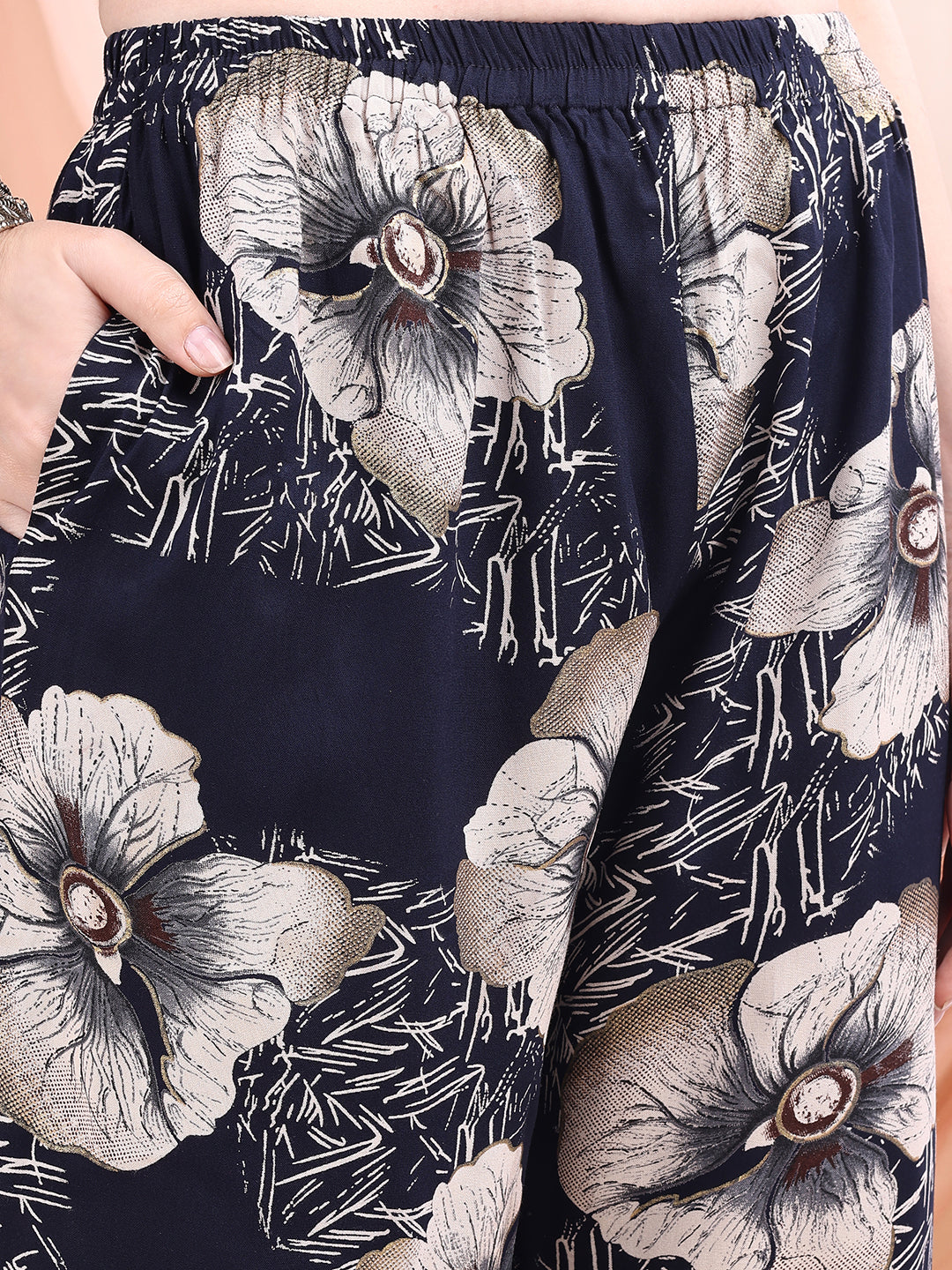 Floral Printed Kurta With Palazzo, Navy Blue - Hiral Fashion