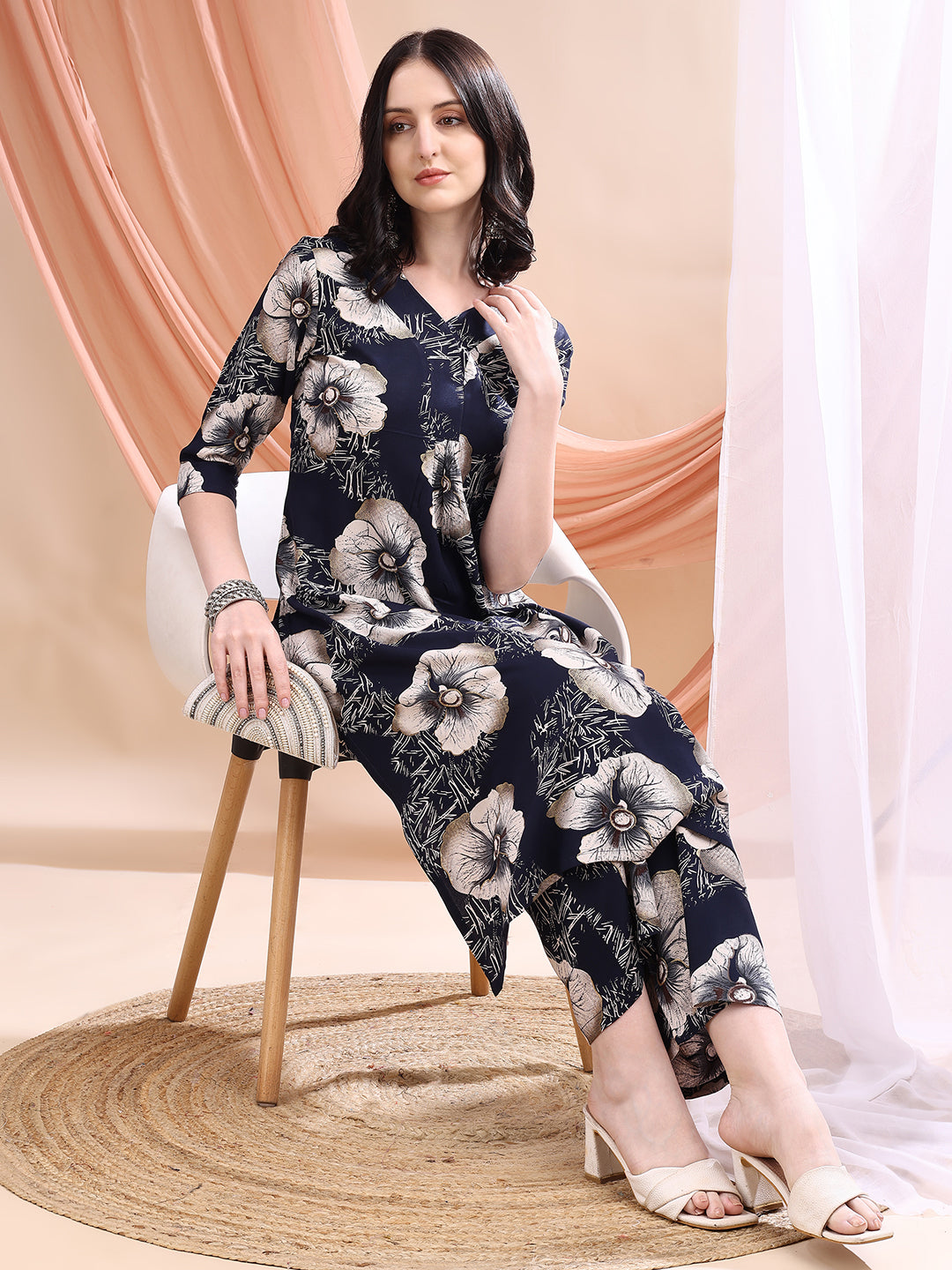 Floral Printed Kurta With Palazzo, Navy Blue - Hiral Fashion