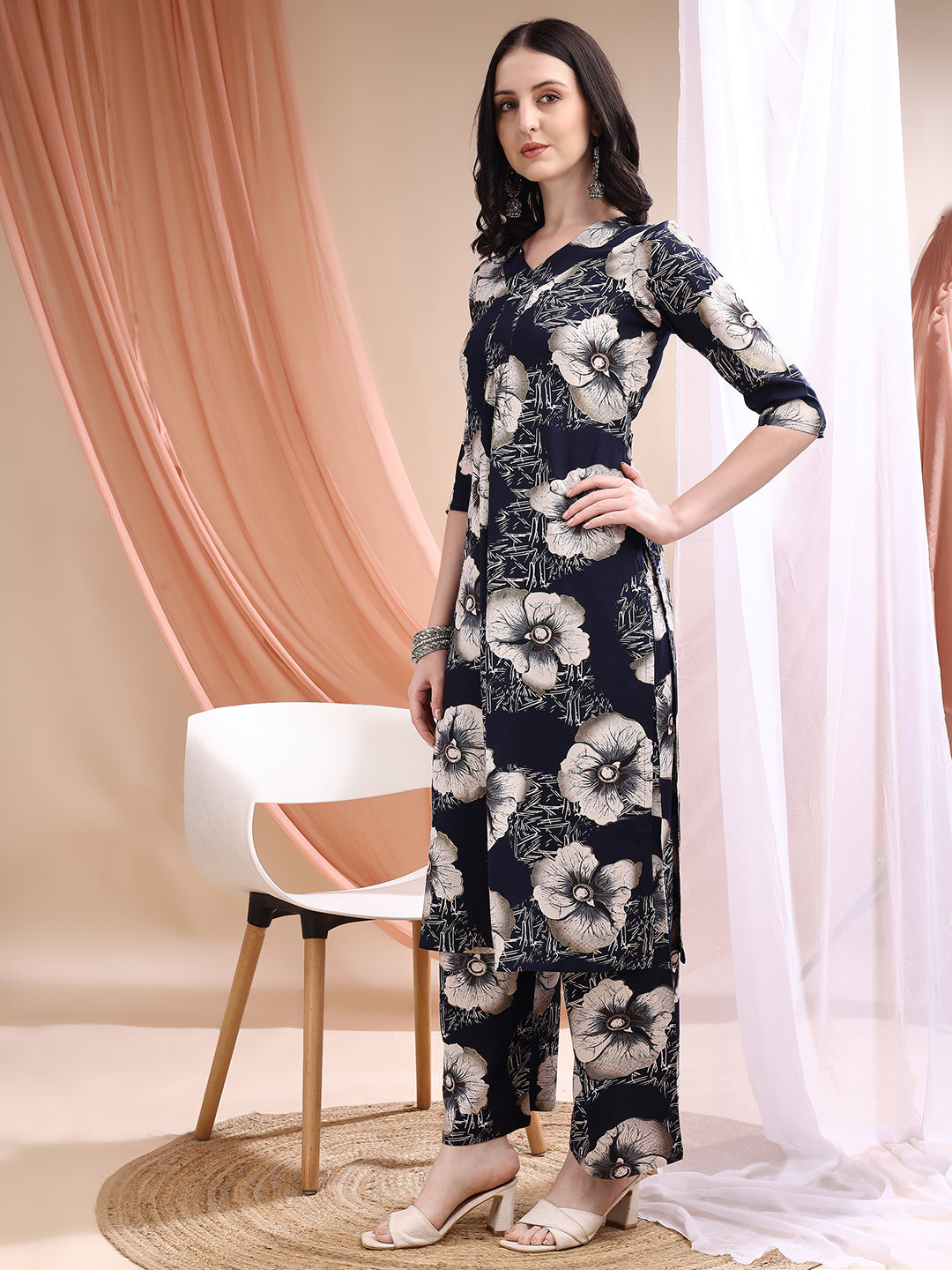 Floral Printed Kurta With Palazzo, Navy Blue - Hiral Fashion