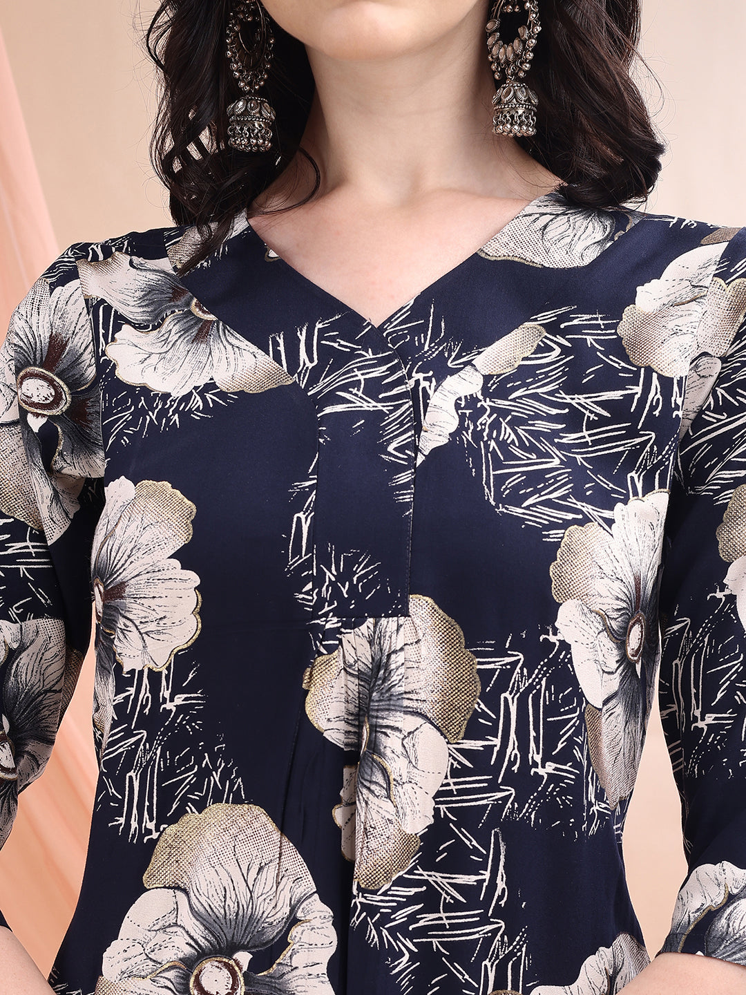 Floral Printed Kurta With Palazzo, Navy Blue - Hiral Fashion