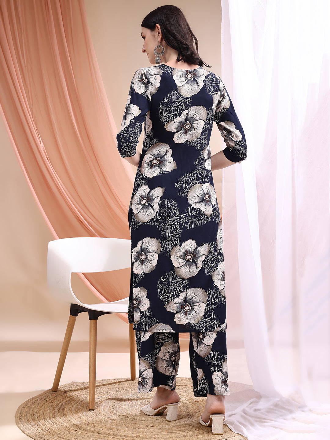 Floral Printed Kurta With Palazzo, Navy Blue - Hiral Fashion