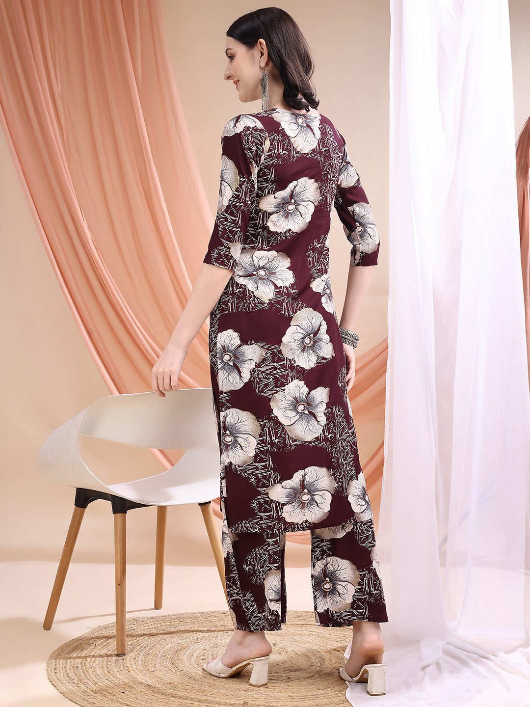 Floral Printed Kurta With Palazzo, Wine - Hiral Fashion