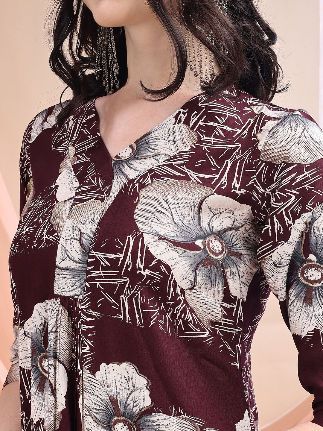 Floral Printed Kurta With Palazzo, Wine - Hiral Fashion